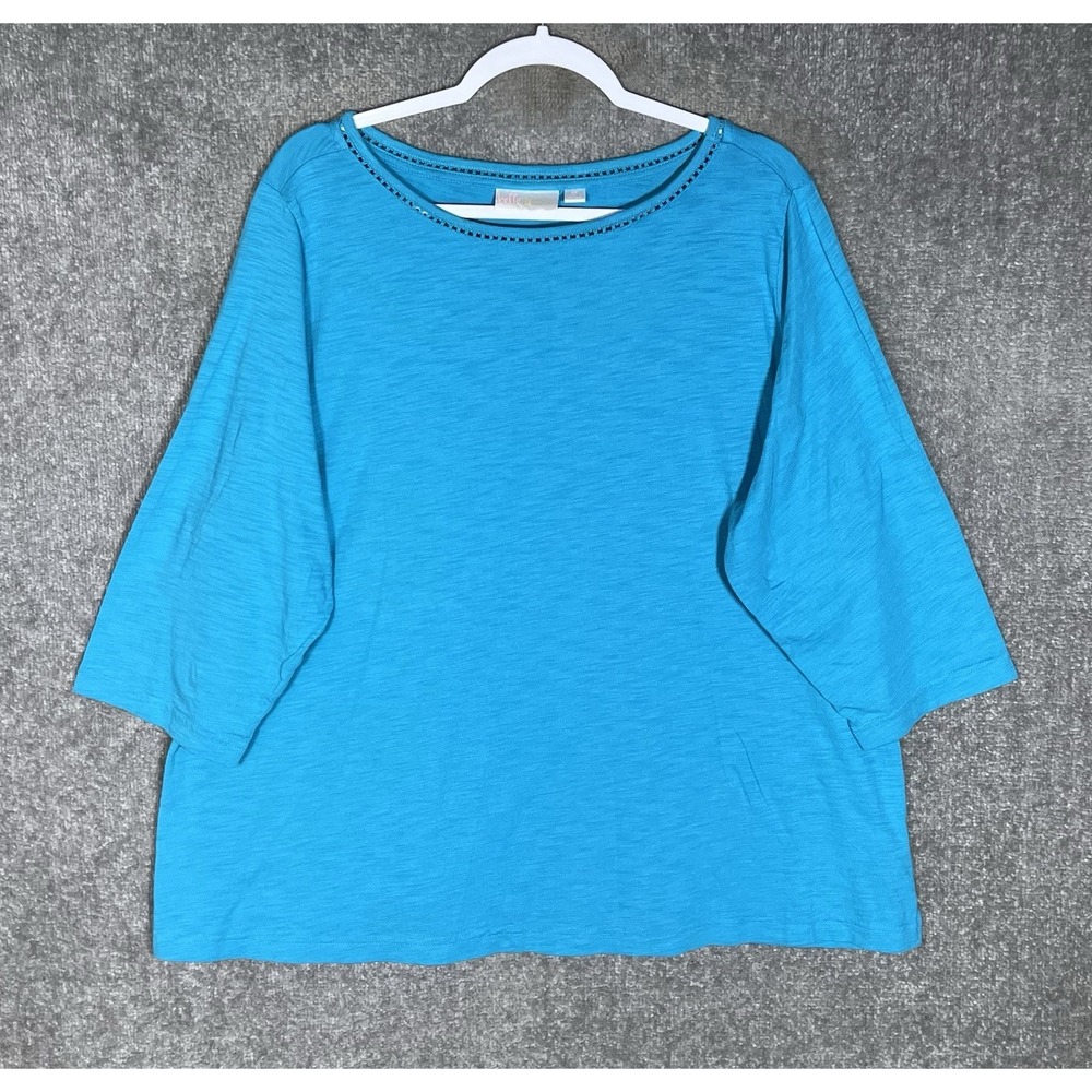 Belle Kim Gravel Slub Knit Top Womens Size 2X Blue Boatneck 3/4 Sleeve Pullover